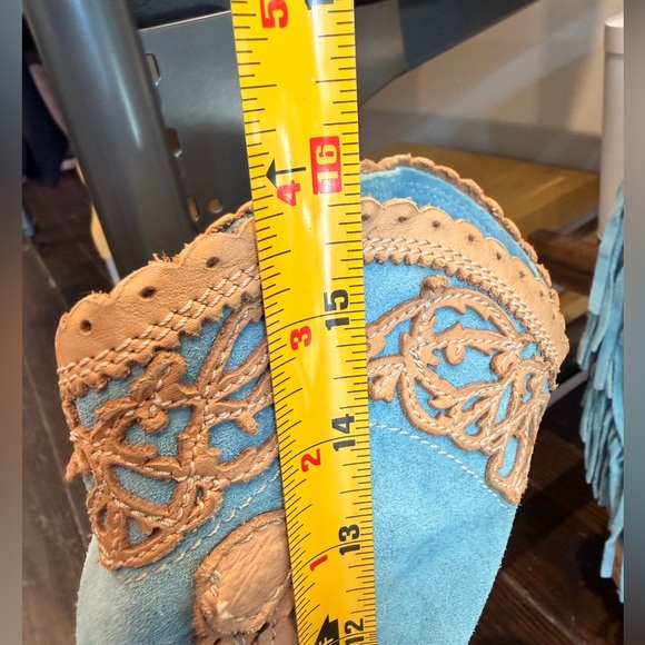 Blue and Tan Fringe Knee Boots - Picture 9 of 10